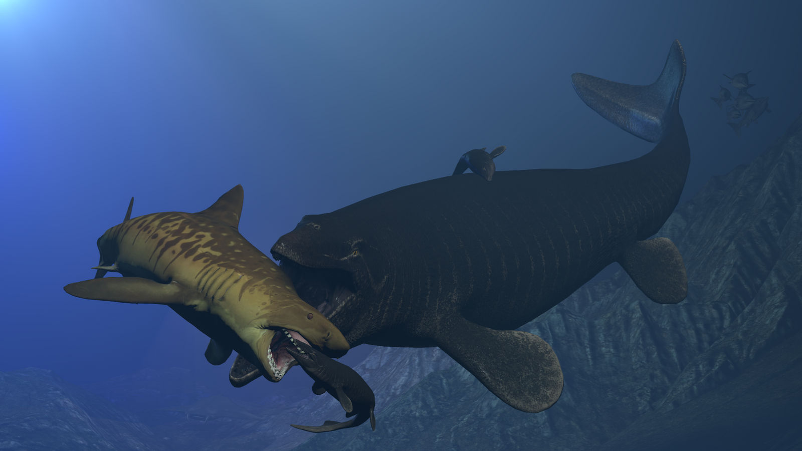Mosasaurus защищает свое новорожденное потомство от кретоксирины